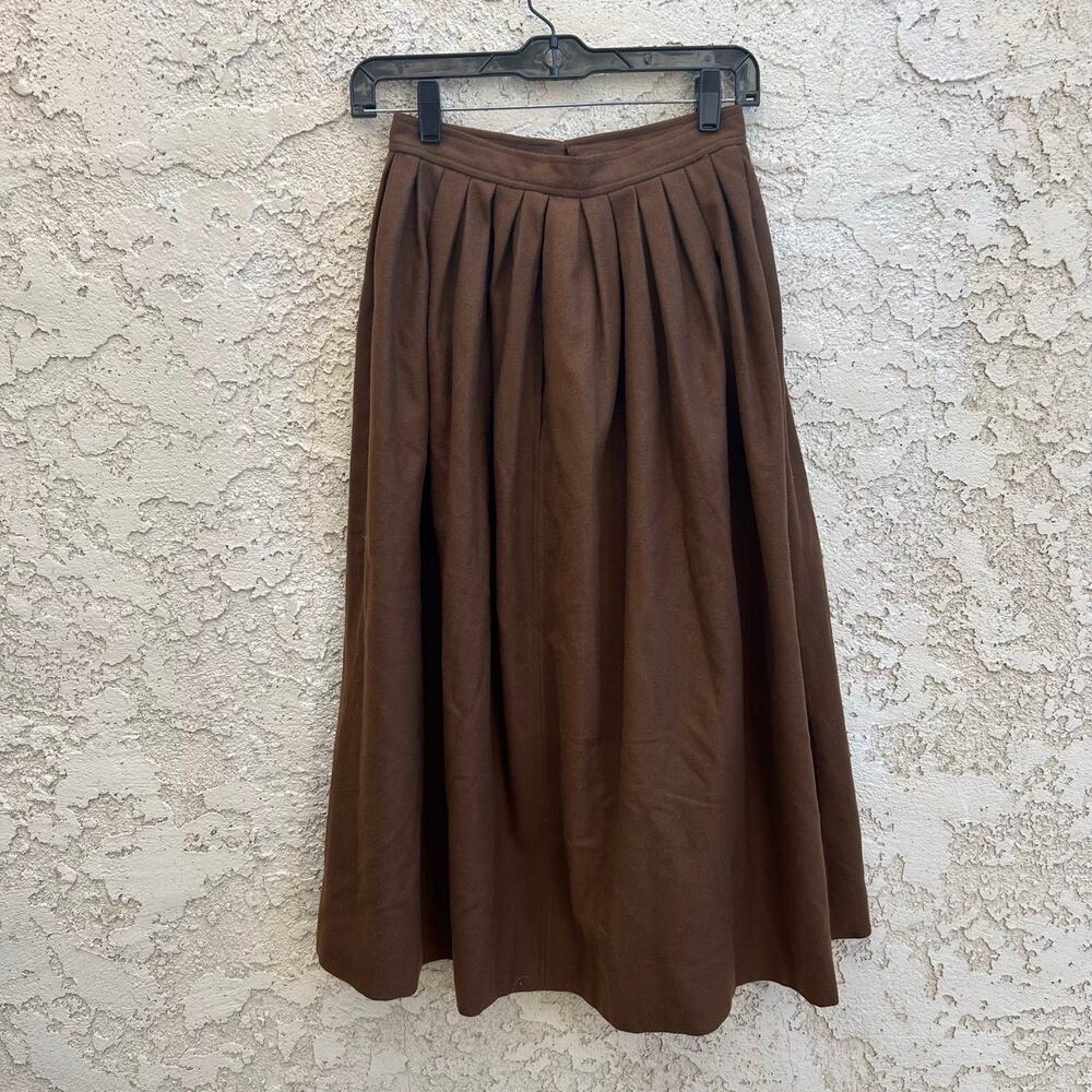Vintage Givenchy Brown Pleated Midi Skirt Wool High Waist XS